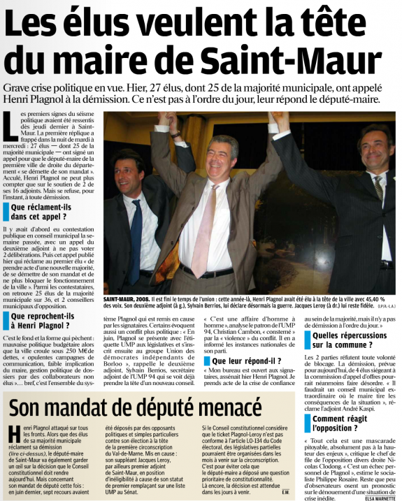 Les élus veulent la tête du maire de Saint-Maur - Le Parisien - 18 octobre 2012
